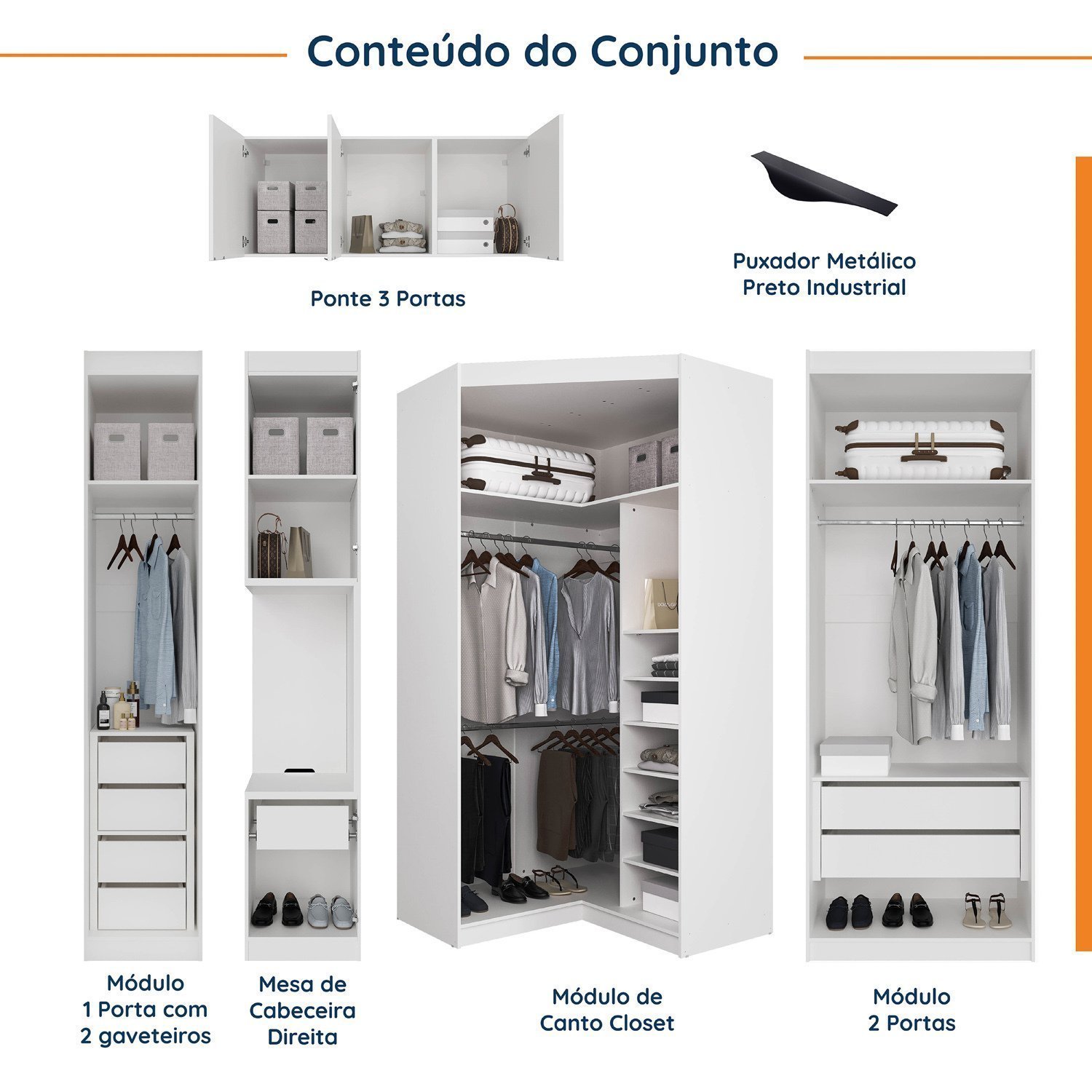 Guarda Roupa Modulado de Canto 10 Portas 5 Peças e 2 Mesas de Cabeceira Hera CabeCasa MadeiraMadeira - 3