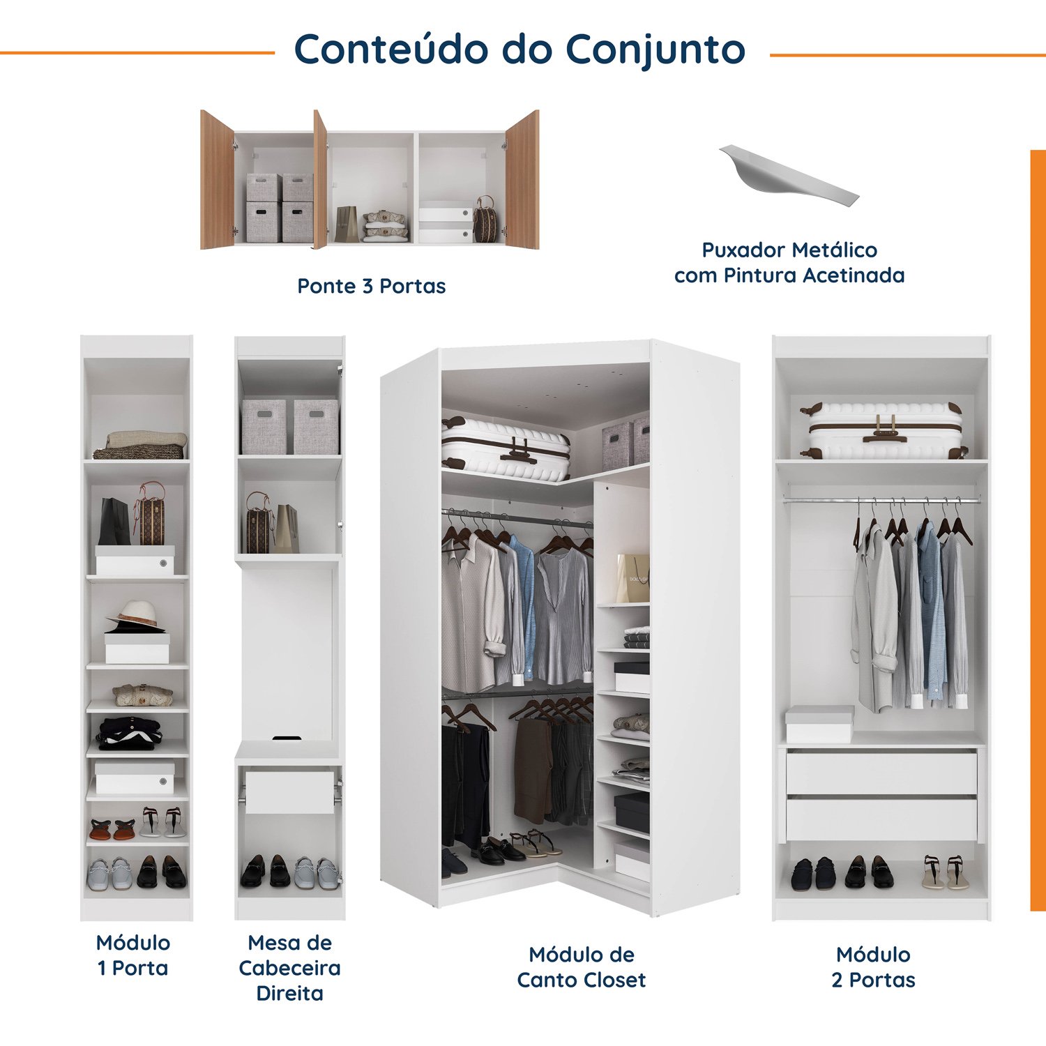 Guarda Roupa Modulado de Canto 10 Portas 5 Peças e 2 Mesas de Cabeceira Hera CabeCasa MadeiraMadeira - 3