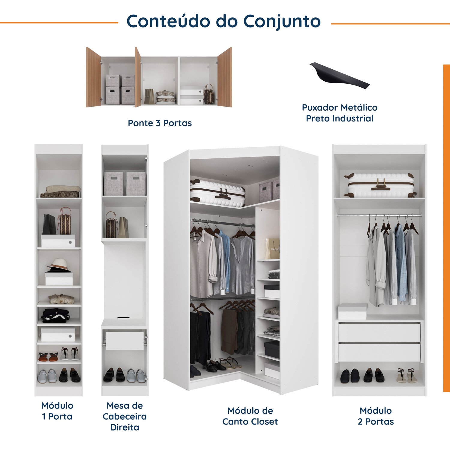 Guarda Roupa Modulado de Canto 10 Portas 5 Peças e 2 Mesas de Cabeceira Hera CabeCasa MadeiraMadeira - 3