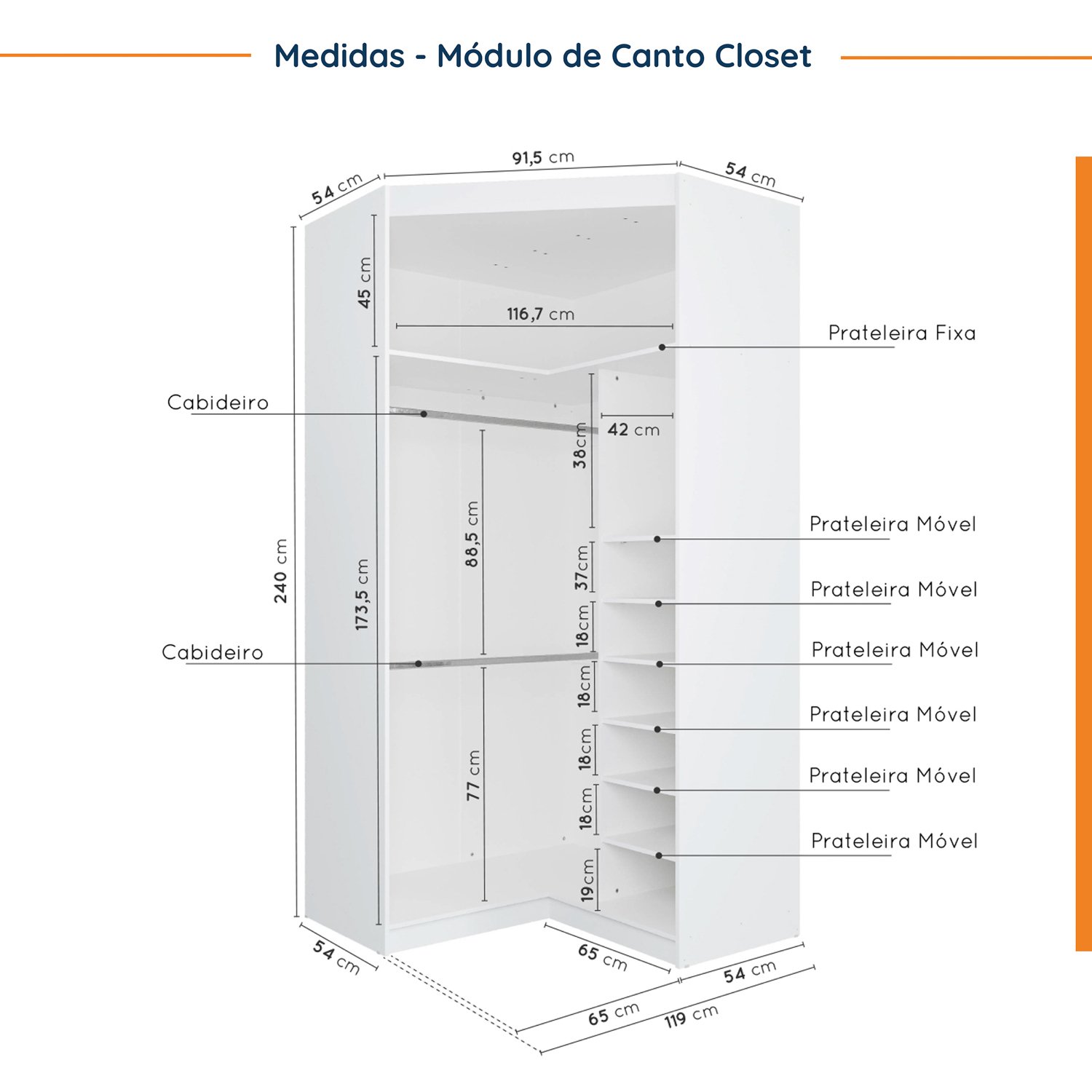 Guarda Roupa Modulado de Canto 10 Portas 5 Peças e 2 Mesas de Cabeceira Hera CabeCasa MadeiraMadeira - 12