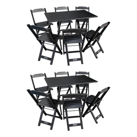 Kit 2 Conjuntos de Mesa Dobráveis de Madeira 70x110cm com 6 Cadeiras Preta