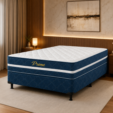 Conjunto Cama Box Casal Molas Ensacadas 138x188cm Prime Azul Bacetto
