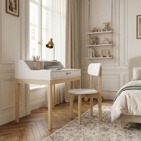 Mesa de Estudo Escrivaninha MDF Pés de Madeira com Cadeira Infantil Teen Branco