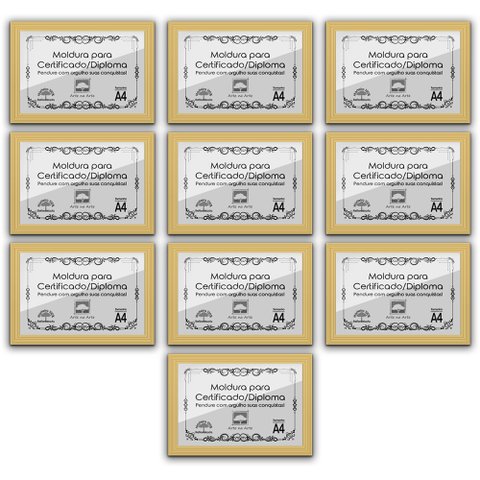 Kit 10 Certificados Diplomas A4 com Tela de Acetato e MDF - Moldura Marfim