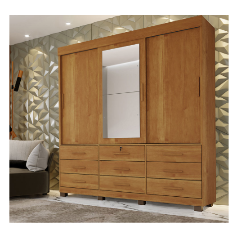 Guarda Roupa Londres 3 Portas 9 Gavetas com Espelho Benetil Móveis - Cinamomo