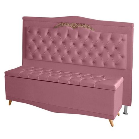 Kit de Cabeceira de Cama Box e Calçadeira Baú Barcelona Casal 140 Cm Retro Capitonê Suede Rosa