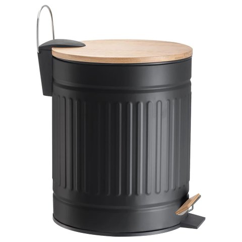 Lixeira 5l Fluted Preta C/pedal em Metal e Bambu Mek