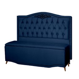 Kit Cabeceira e Calçadeira Baú Maitê Solteiro 90cm Veludo Azul Marinho - Montanaris Decor Md Montana - 1