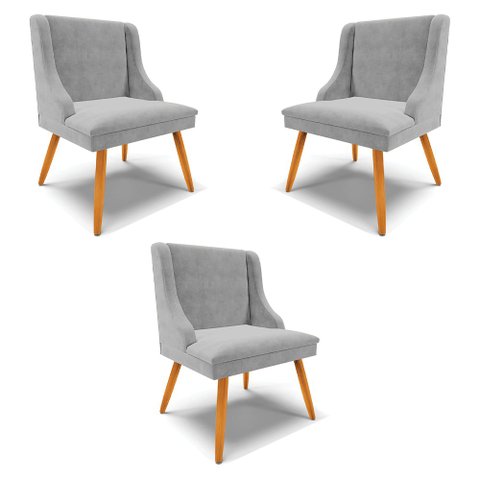 Kit 3 Cadeiras Decorativas Sala de Jantar Pés Palito de Madeira Firenze Suede Cinza/Natural G19 - Gr