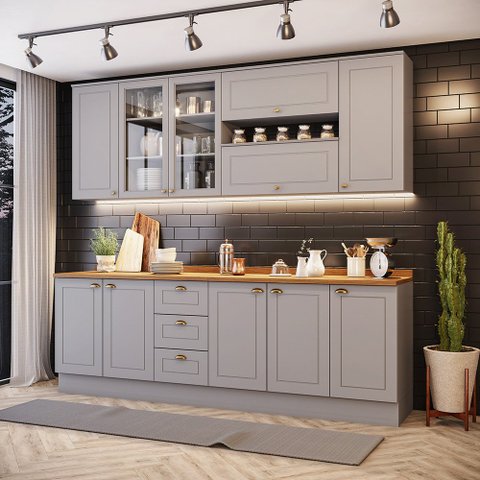 Cozinha Compacta 7 Peças Com Aéreo 3 Portas Com Vidro Amy Casa 812