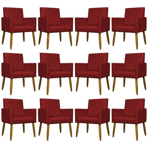 Kit 12 Poltronas Decorativas Mari Pé Palito Castanho - Vermelho Suede