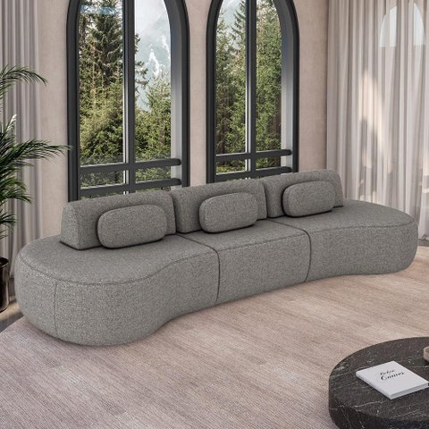 Sofá Sala de Estar Modulado França 326cm Encosto Articulável com Almofadas Linho Cinza Escuro G45 - 