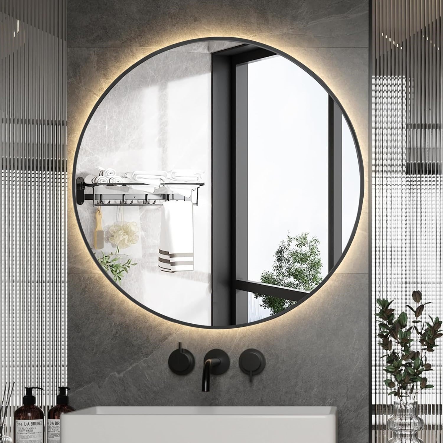 Espelho Redondo com Moldura Preta Iluminado com Led Quente 60cm - 1