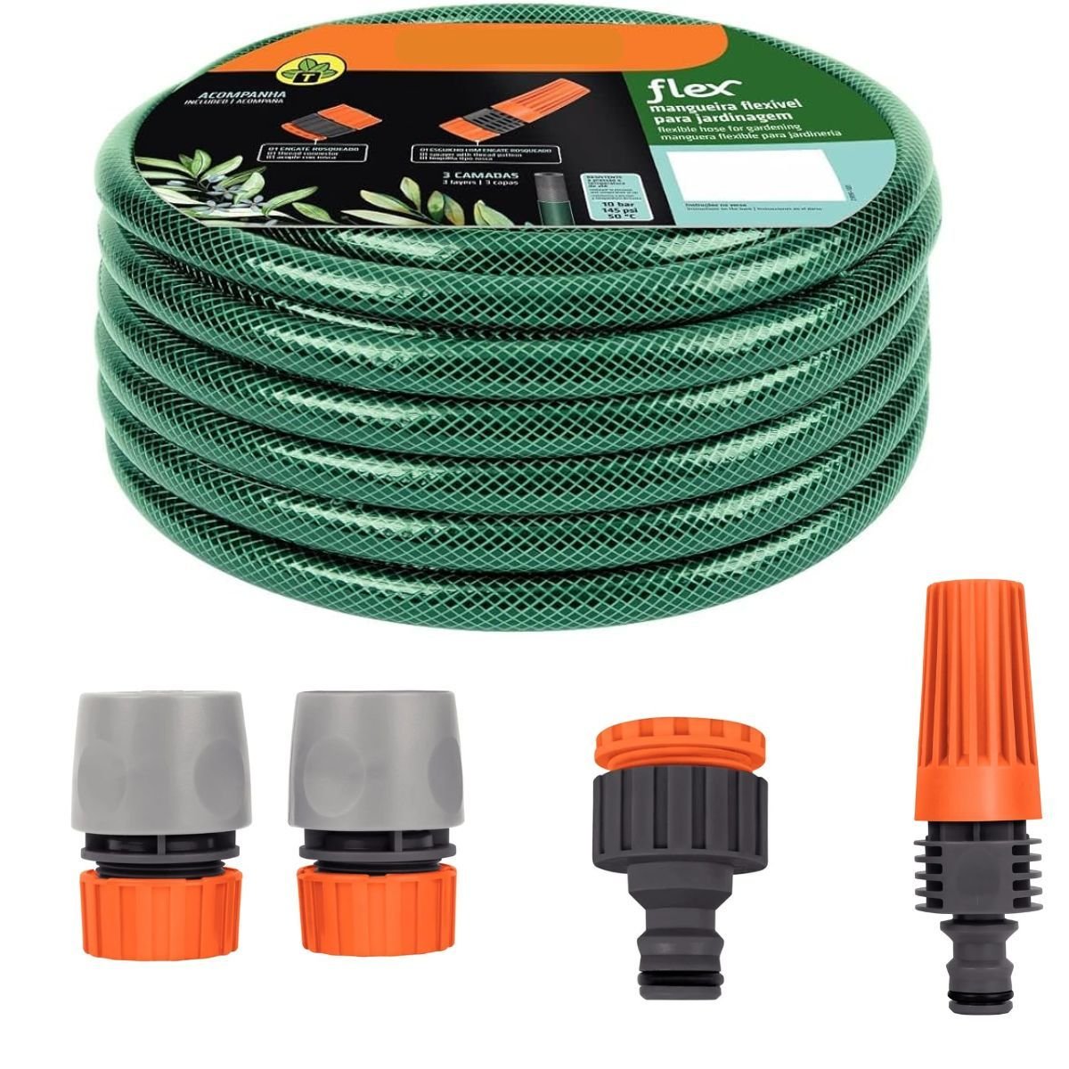 Kit 30m Mangueira Jardim Verde + Conjunto Engates Tramontina