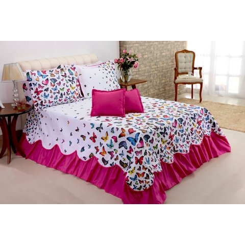 Kit 5 Pçs Cobre Leito Colcha Casal Queen Belize com Babados: Borboletas Pink