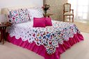 Ver imagem 1 de Kit 5 Pçs Cobre Leito Colcha Casal Queen Belize com Babados: Borboletas Pink