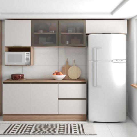 Cozinha Modulada Completa 6 Peças 6 Portas 3 Gavetas com Portas Vidro Fumê Etna Bege/Carvalho Oak/Off White