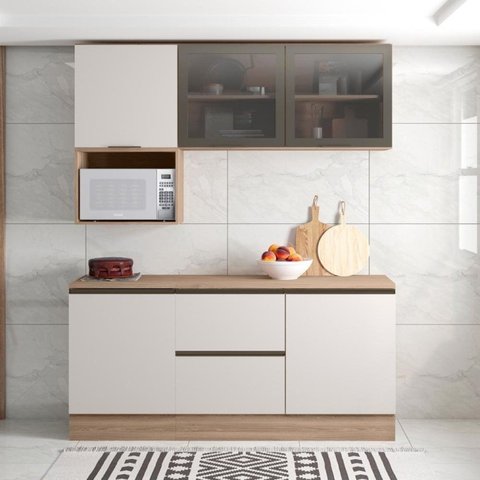 Cozinha Modulada Completa 5 Peças 5 Portas 3 Gavetas com Portas Vidro Fumê Etna Bege/Carvalho Oak/Off White