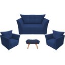 Ver imagem 1 de Kit Namoradeira + 2 Poltronas Decorativa Isis + 1 Puff Retangular Suede Azul Marinho Pés Madeira Mz 