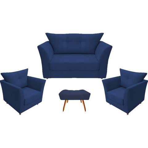 Kit Namoradeira + 2 Poltronas Decorativa Isis + 1 Puff Retangular Suede Azul Marinho Pés Madeira Mz 