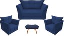 Ver imagem 1 de Kit Namoradeira + 2 Poltronas Decorativa Isis + 1 Puff Retangular Suede Azul Marinho Pés Madeira Mz