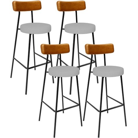 Kit 04 Banquetas Alta Cozinha Sala Jantar Aço Milão L02 Couríssimo Whisky Linho Cinza - Lyam Decor