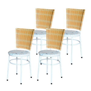 Conjunto 4 Cadeiras Branca para Cozinha Hawai Palha com Assento Estampado:floral Areia