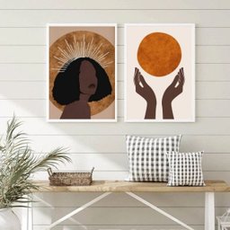 Kit 2 Quadros Arte Boho Mulher Negra com sol 45x34cm:madeira Branca - 2