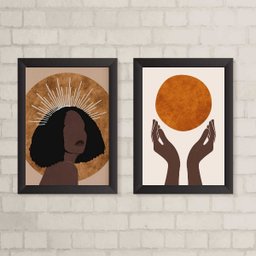 Kit 2 Quadros Arte Boho Mulher Negra com sol 45x34cm:madeira Branca - 1