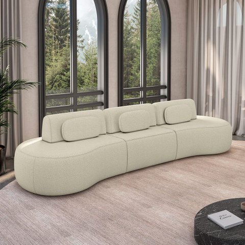 Sofá Sala de Estar Modulado França 366cm Encosto Articulável com Almofadas Bouclê Offwhite G45 - Gra