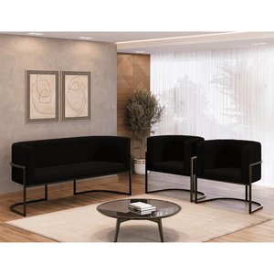 Kit 2 Poltronas + Sofá 2 Lugares Base de Metal Black Balaqui Cor:preto