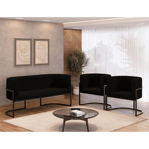 Kit 2 Poltronas + Sofá 2 Lugares Base de Metal Black Balaqui Cor:preto