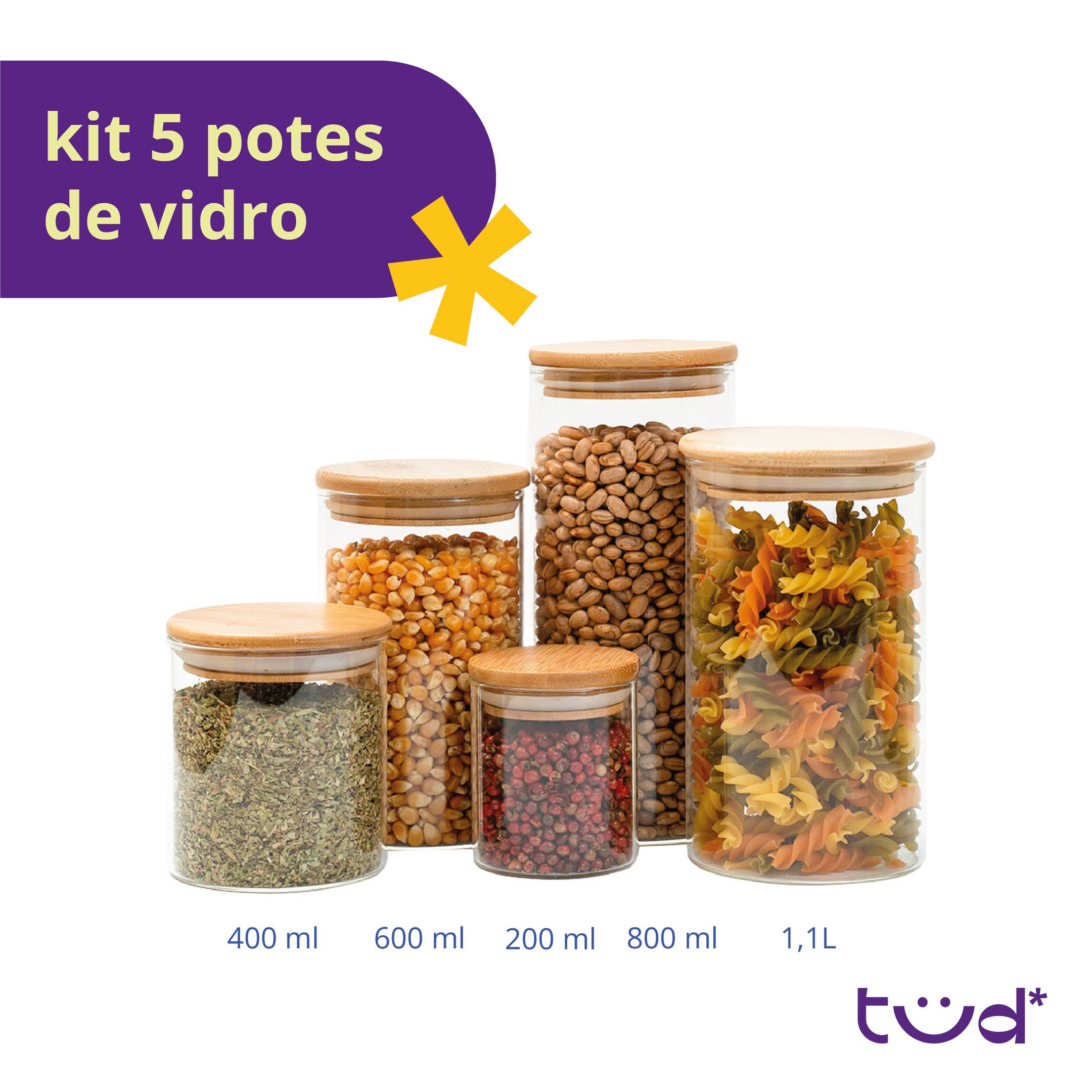 Kit 5 Potes de Vidro Tampa de Bambu Herméticos Redondos - Tüd - 3