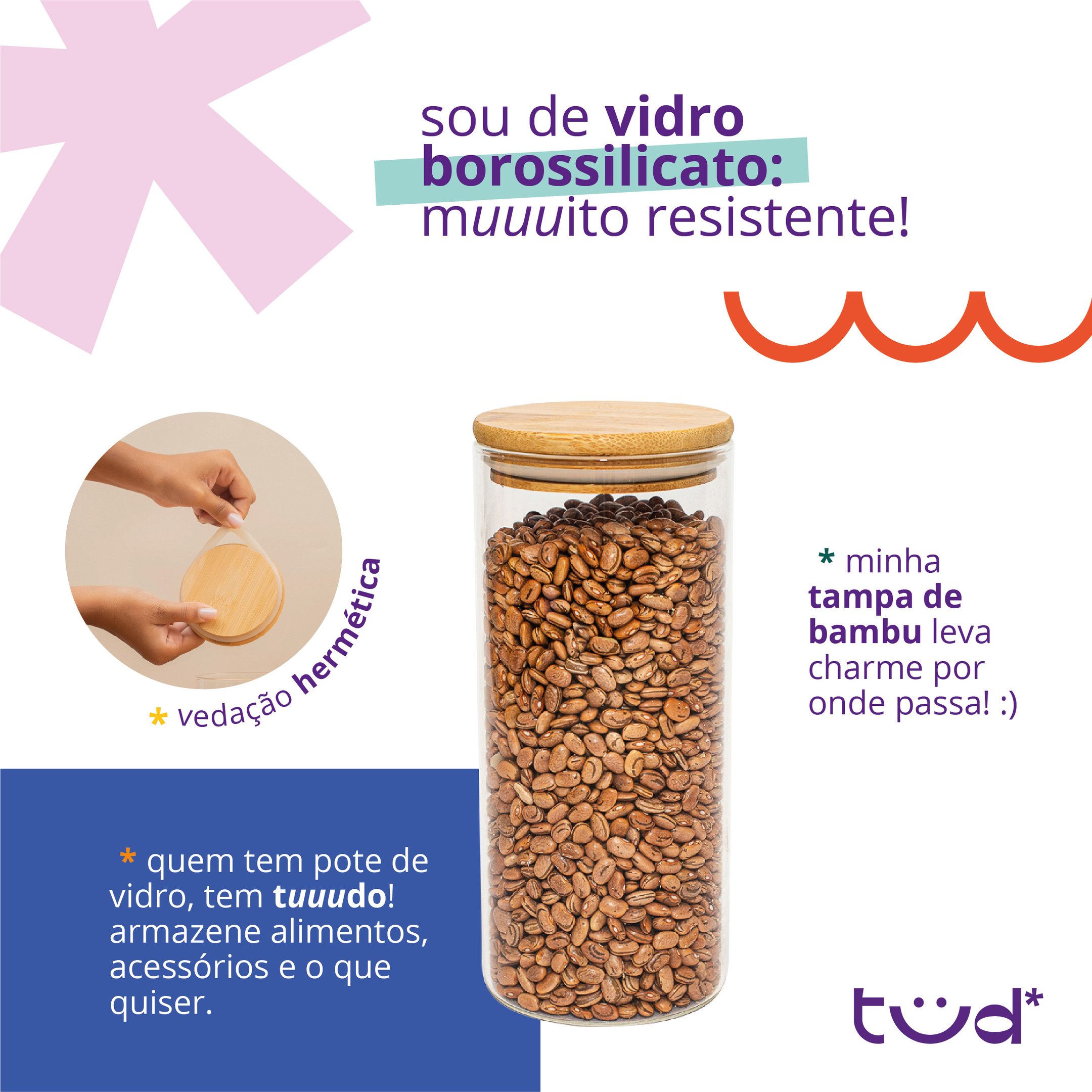 Kit 5 Potes de Vidro Tampa de Bambu Herméticos Redondos - Tüd - 4