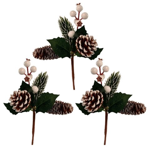 Kit 3 Galhos Natal Pick Nevado Folhagens Pinhas e Berries Branco 18cm - Magizi