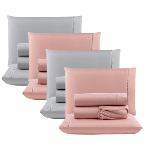Kit C/ 4 Jogos Cama Lençol Unique Casal Padrão Micro Percal 400 Fios Ponto Palito 4 Peças - Rosê + C