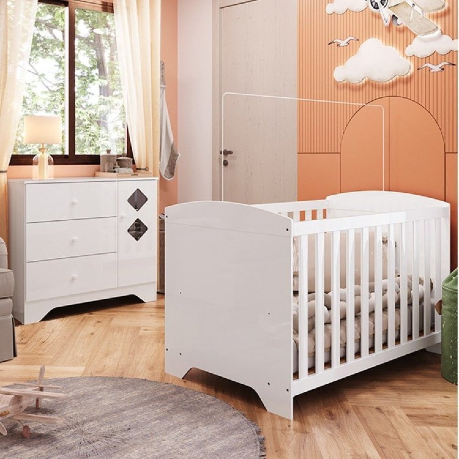 Quarto de Bebê Cômoda com Janelas Losango e Berço Americano Ayla Espresso Móveis - 1