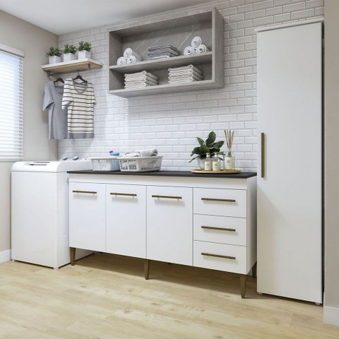 Lavanderia Modulada Osasco 1 Armário Multiuso e Balcão Branco Kaiki Móveis