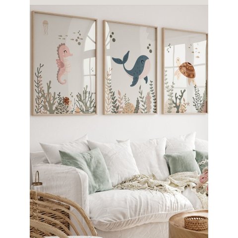 Kit 3 Quadros Decorativos Infantil Animais Fundo Oceano No2