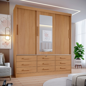 Guarda Roupa Casal 3 Portas com Espelho Central 9 Gavetas Atlanta