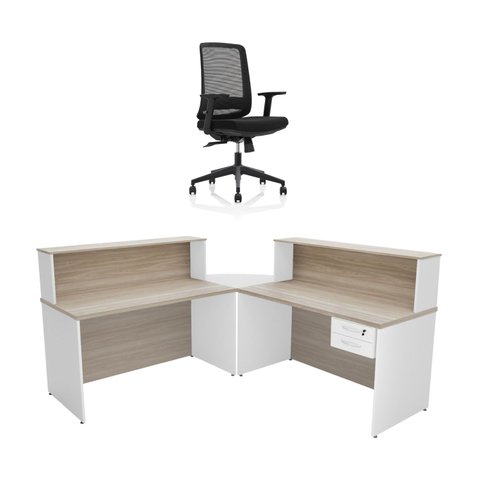 Balcão de Atendimento em L com Gaveta 140x60cm para Recepção + Cadeira de Escritório Reclinável