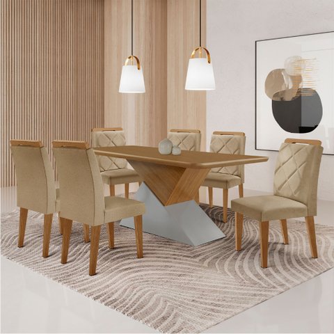 Mesa para Sala de Jantar Aster 180cm Mdf Tampo Laminado Canto Copo e 6 Cadeiras Melissa