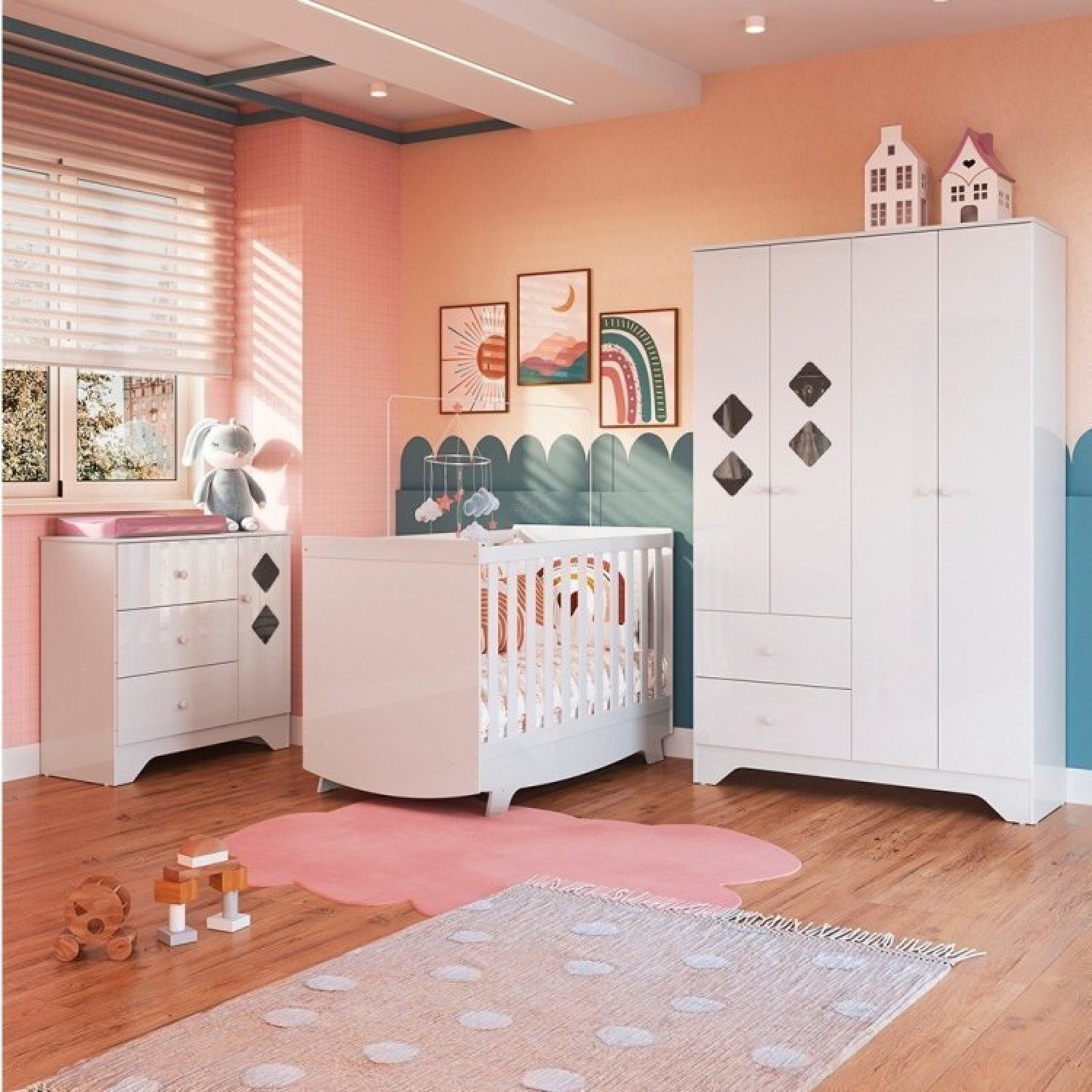 Quarto de Bebê Cômoda Guarda Roupa com Janelas Losango e Berço Americano Cocada - 1