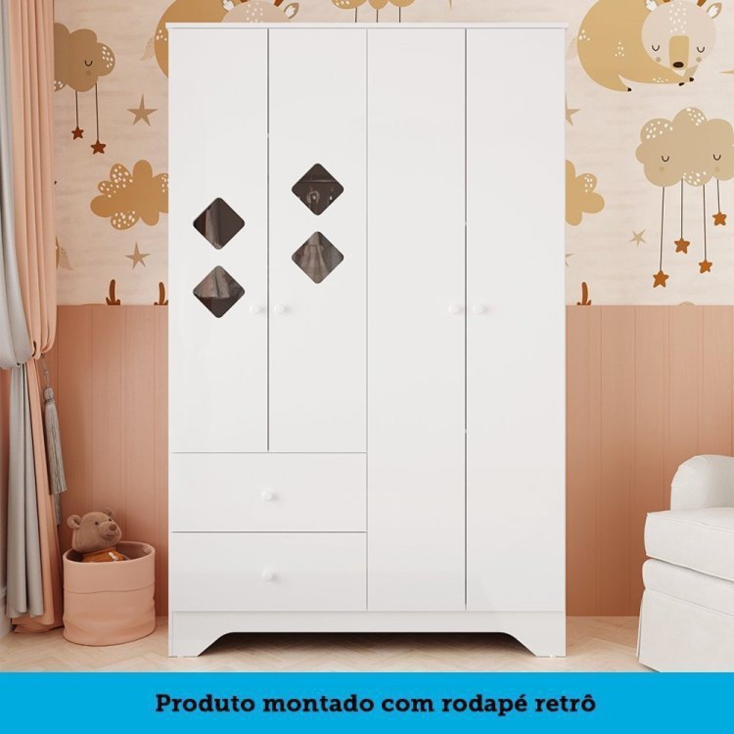 Quarto de Bebê Cômoda Guarda Roupa com Janelas Losango e Berço Americano Cocada - 9