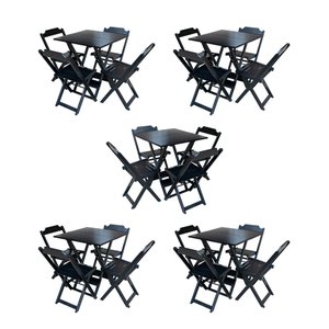 Kit 5 Conjuntos de Mesa Dobravel com 4 Cadeiras de Madeira 70x70 para Restaurante e Bar - Preto