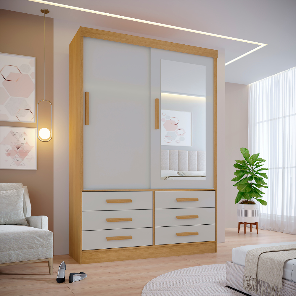 Guarda Roupa Casal MDF 2 Portas 6 Gavetas com Espelho Atlanta - 2