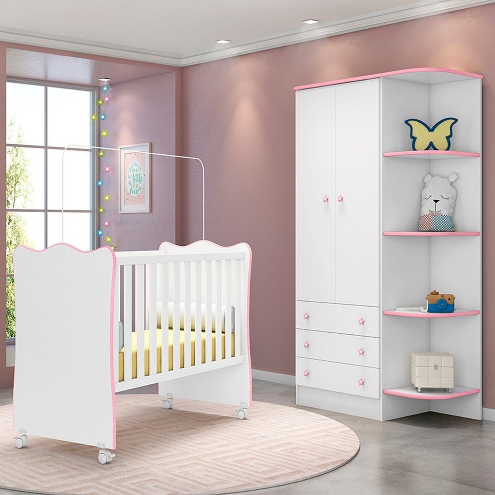 Kit Berço e Guarda Roupa Infantil 2 Portas e 3 Gavetas com Cantoneira ...