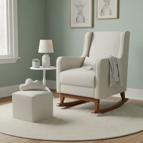 Poltrona de Amamentação com Balanço e Puff em Bouclé Bege Sophia