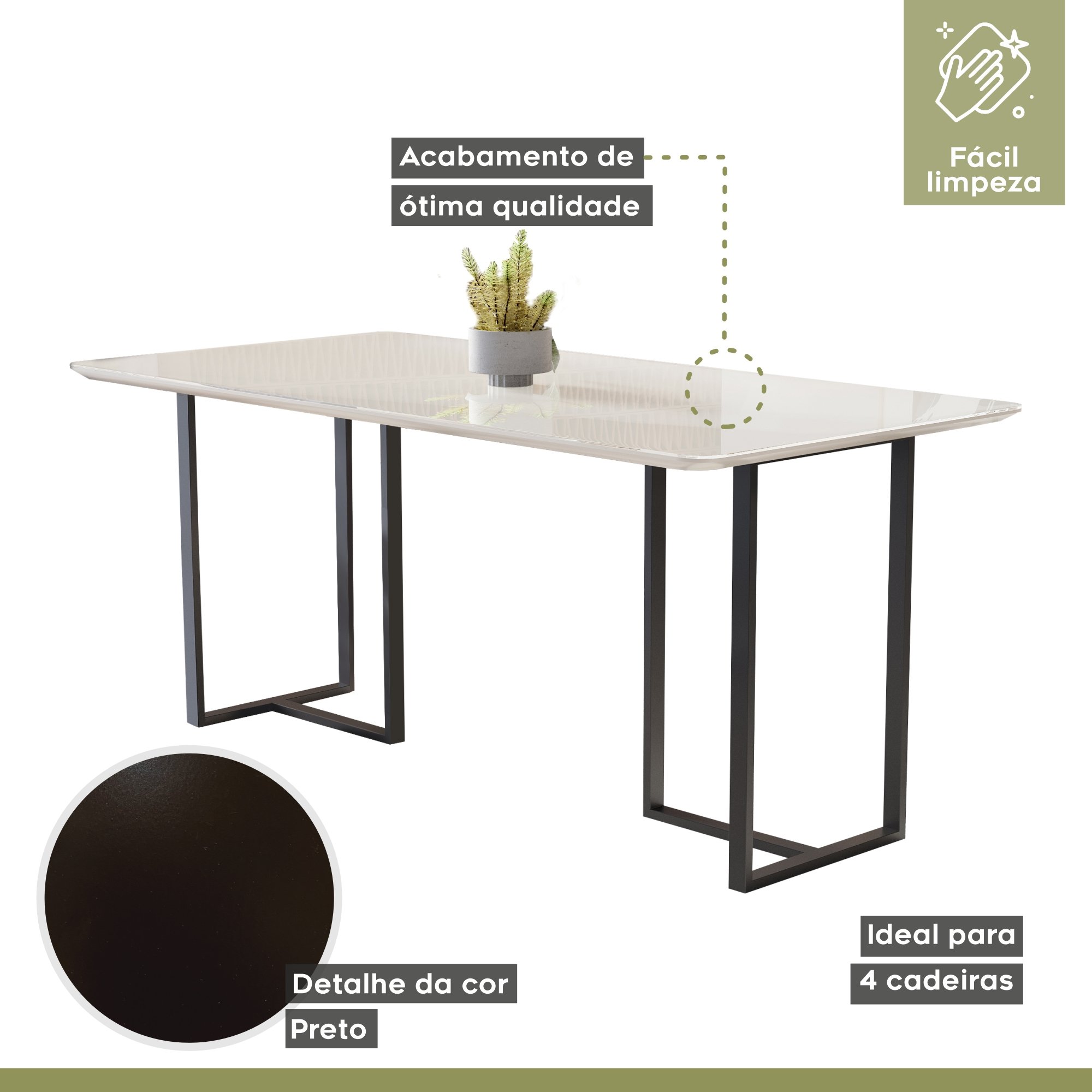 Mesa de Jantar 4 Lugares 135cm Tampo Vidro/MDF Atena - 5