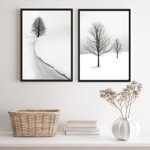 Kit 2 Quadros Paisagens Neve Árvores 24x18cm - com Vidro:madeira Branca